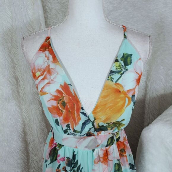 REVAMPED TURQUOISE/MINT FLORAL PLUNGE NECK MAXI DRESS SZ.S NWT - Picture 3 of 10